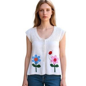 RXB Embroidered Sweater Hand-sewn Charming Sleeveless Knit Floral Top Medium